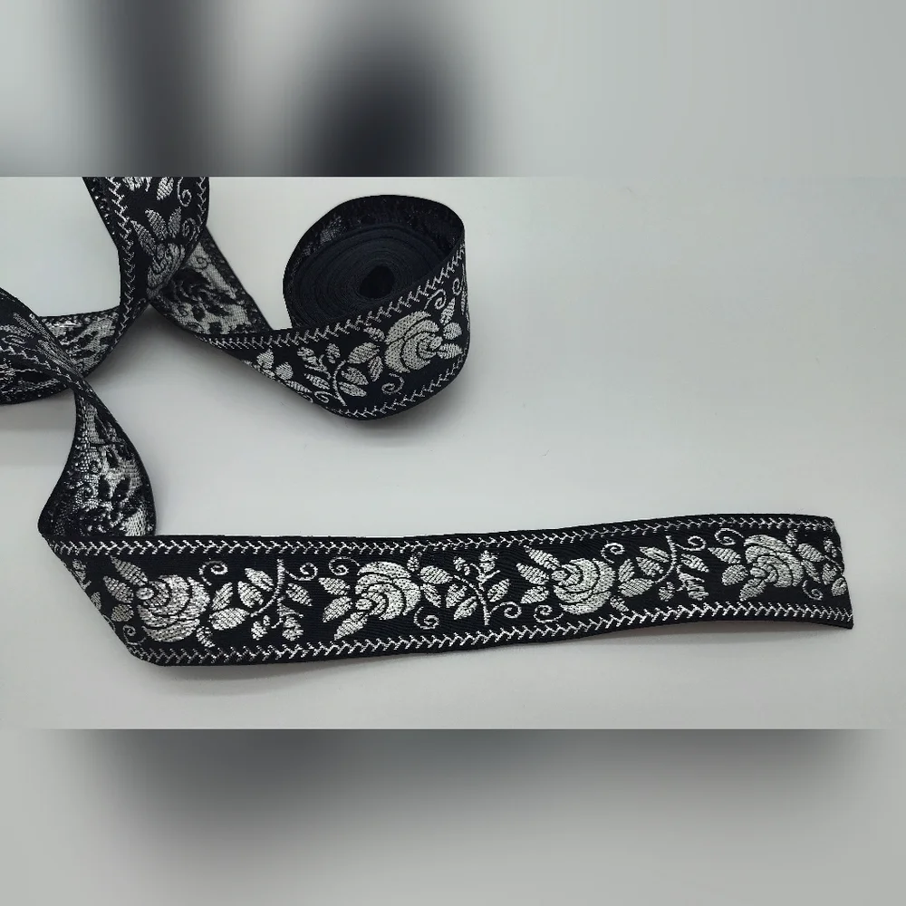 Vintage Japanese Black Silver Rose Jacquard Ribbon 1.25 Luxury Trim Two (2) Yard
